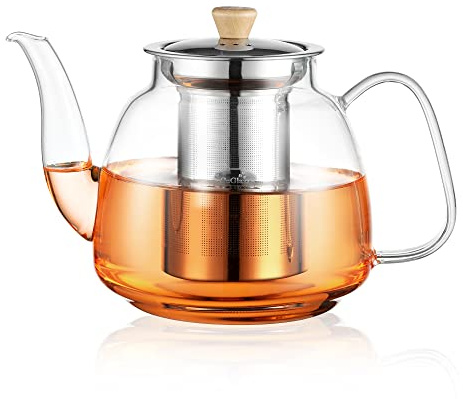 CNGLASS 37.5oz(1100ml) Glass Teapot with Infuser,Clear Tea Pot with Removable Stainless Steel Strainer,Stovetop Safe Glass Teapot for Blooming and Loose Leaf Tea