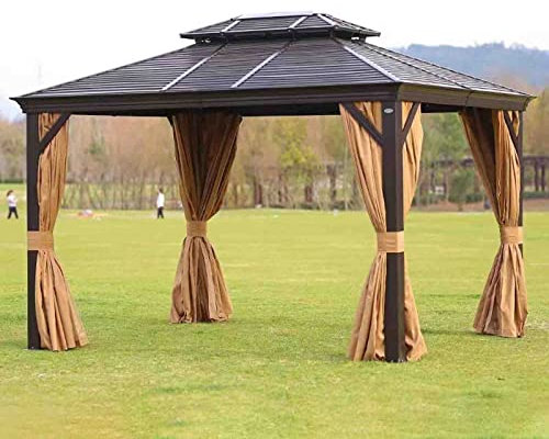PRUJOY Outdoor Living Pavillon, Vordach mit Aluminiumrahmen, Hardtop aus verzinktem Stahl, Doppeldach, Metallpavillon mit Vorhängen
