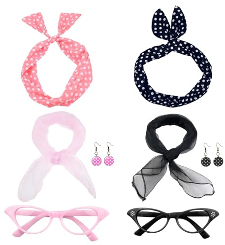 XNIVUIS 8 Pezzi Accessori Anni 50, Set Di Accessori per Costume Da Donna Anni '50, Sciarpe, Cravatta per Capelli a Pois, Orecchini, Occhiali Vintage Accessori Carnevale (Rosa, Nero)