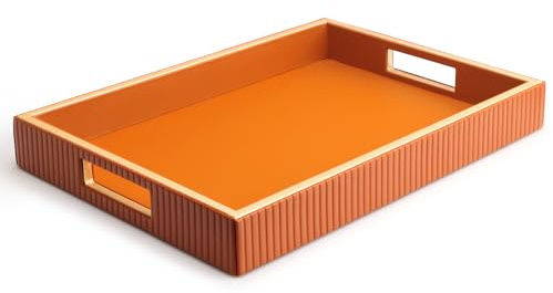 SANZIE Ledertablett, Schreibtisch-Aufbewahrung Organizer (Orange Tablett) | Premium-Serviertablett, dekoratives Tablett, Valet-Tablett für Kleinteile, Kosmetik, Handy, Geldbörse, Besteck