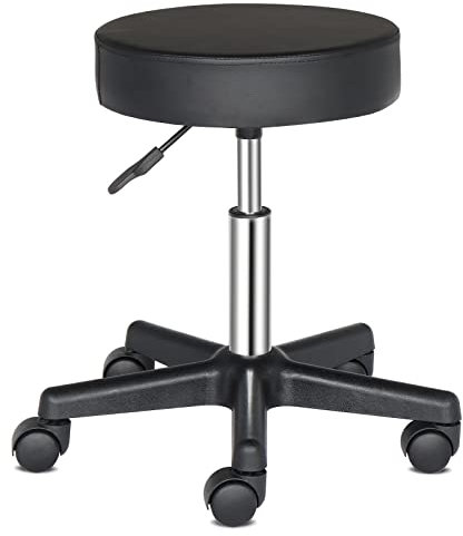 Bonnlo Rollhocker höhenverstellbar, Bürohocker 10cm Polsterung, Arbeitshocker 360° drehbar, Drehhocker für Büro/Salon/Bar, Kunstleder, Schwarz