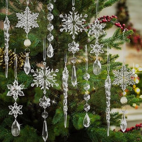 SunBeautiful 10 Piezas Copos de Nieve Decorativos de Navidad, Navidad Carámbano Adornos Set Copos de Nieve Acrílico de Árboles de Navidad Colgante para Navidad, Año Nuevo, Decoración de Invierno