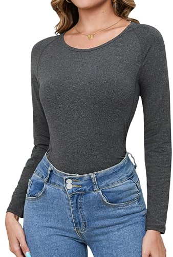 Terecey Camiseta Interior Termica Mujer de Manga Larga con Cuello Redondo Tops Deportivo de Invierno para Running Gym Crossfit Gris Oscuro