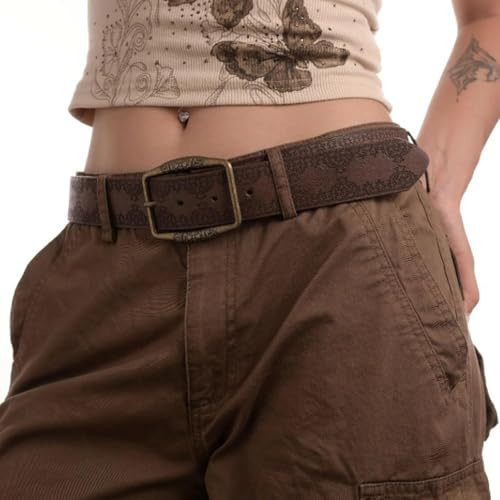 Kvinnor Y2k läderbälte vintage bred midja bälte dubbat urholkat metallspänne boho bälte retro chic tillbehör grunge western cinch midjeband, Brun präglad, en storlek