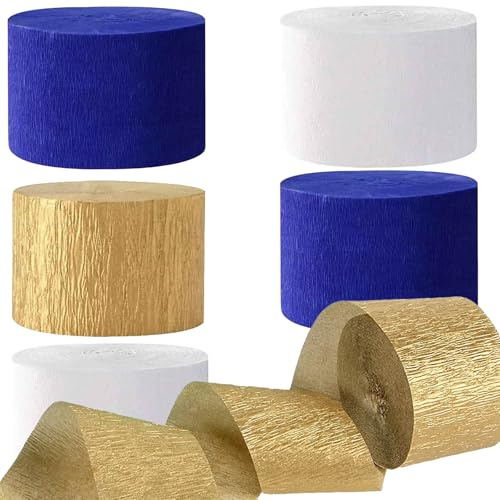 6 Rollen Blau Gold Weiß Krepppapier, Kreppbänder, Krepppapier Luftschlangen Dekoration，für Geburtstag Babydusche Hochzeitsfeier Dekorationen(4.5 cm x 25 m)