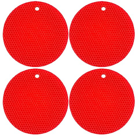 Hitzebeständige Silikon Untersetzer 4er-Set (bis 240°C) – Rot, Ø 18 cm | Topflappen & Trockenmatte | Rutschfest, Wasserdicht & Spülmaschinenfest, vielseitig nutzbar für Küche, Camping und Wohnmobil