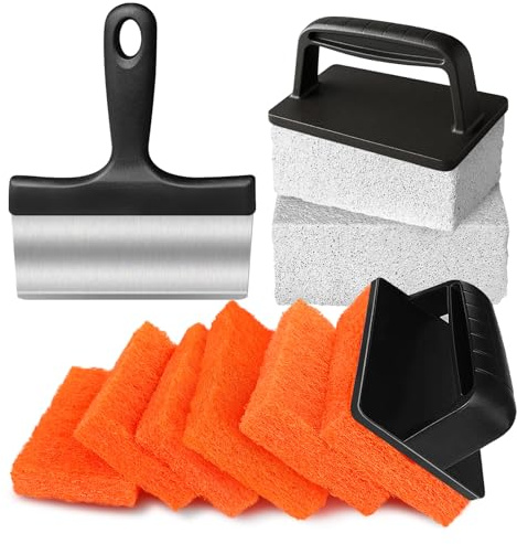 Griddle Cleaning Kit for Blackstone,11 Pieces Flat Top Grill Cleaning Kit with Grill Stone,Griddle Scraper,Scouring Pad and Handles,Cleaner Tool Set Griddle Accessories for Rusty Grills [Black+Orange]