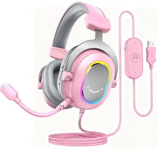 FIFINE Gaming Headset mit Mikrofon, Over Ear Kopfhörer mit Kabel, USB Headset für PC PS4 PS5, RGB Headphone mit 3 EQ-Modi, Surround Sound und Ohrpolster