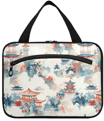 sanluoli Kit de viaje colgante de pabellón de pintura de tinta china para mujer con gancho, bolsa de maquillaje colgante elegante para mujer, viajes, hotel, porta, cosméticos, para cartera, Pabellón