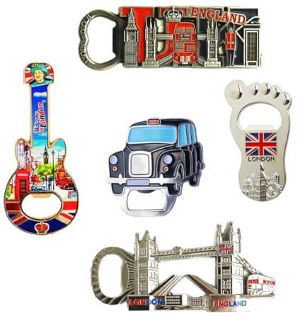 Juego de abrebotellas de recuerdo de Londres, 5 piezas, diseño de iconos británicos, imanes magnéticos para nevera con el horizonte de Londres, taxi negro, puente de la Torre, regalo de recuerdo del