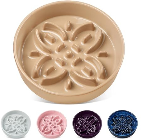 vancasso Ceramic Slow Feeder Dog Bowls, Puzzle Dog Food Bowls with Floral Maze, Anti -Slip Pet Food Dish for Small Breed, 0.6 Cups, Beige