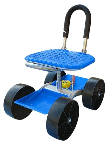 Carrello da giardino con sedile girevole, sedia da giardinaggio con ruote e vassoio per attrezzi, sgabello da giardino regolabile per piantare, diserbo e comfort di lavoro in cortile, 60 x 47 x