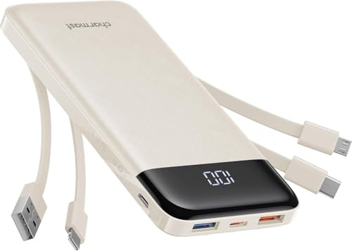 Charmast Power Bank with Built in Cables X 4, 10000mAh USB C Battery pack 6 Outputs 3 Inputs with LED Display Type C Powerbank Portable Charger Compatible with Smartphones Tablets and More