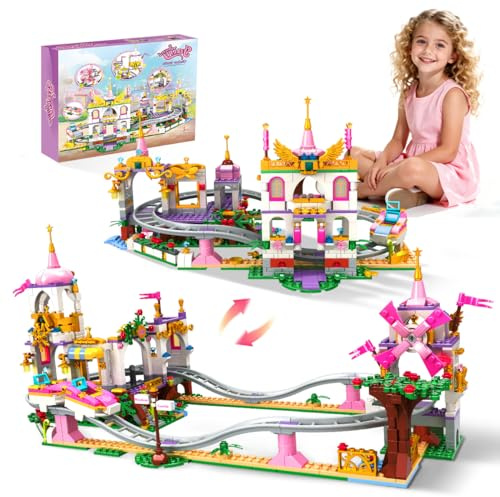 Friends Achterbahn Schloss Bausatz, 738-teiliges kreatives Freizeitpark Konstruktionsspielzeug, STEM Prinzessin Spielplatz Bauset, Weihnachts Geburtstags Geschenk für Mädchen Kinder ab 6 Jahren