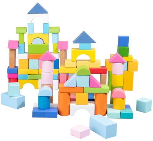Alasum 100 pezzi Blocchi da Costruzione in Legno Colorati Giocattoli Educativi Geometrici per Bambine Materiale Durevole con Bordi Lisci Gioco Impilabile per Sviluppo Creatività e