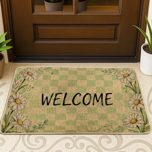 Tapete de puerta de crisantemo, rústico, verde, a cuadros, floral, verde, primavera, antideslizante, atrapasuciedad, para suelo, entrada, porche, baño, oficina, 29 x 17 pulgadas