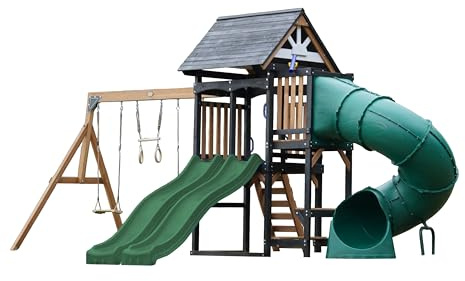 AXI Cody Aire De Jeux en Bois, 2 Balançoires, Toboggan Tubulaire Et Double Toboggan Vert | Maisonnette XXL pour Enfants avec Structure d'escalade Et Trapèze | pour Le Jardin