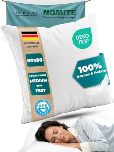 Nachtengel Cuscino in piuma da 80 x 80 cm, a 3 camere, con 100% piumino e piume, rivestimento in 100% cotone, certificato Oeko-Tex, privo di sostanze nocive, anallergico (1, 80 x 80 cm, peso medio