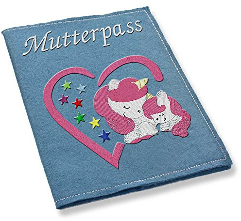 Mutterpass Mutterpasshülle Einhorn Herz pink bestickt Farbwahl Handarbeit (mittelblau)