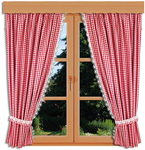 kollektion MT Hochwertiges Landhaus-Design rot-weiß kariert Set 2 Dekoschals inkl. Raffhalter Vorhangset Helena mit Echter Vogtländischer Spitze 145 x 155 cm