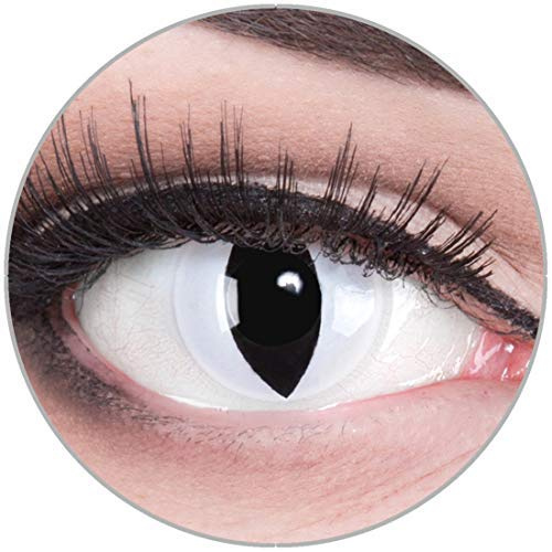 Funnylens Farbige Kontaktlinsen Viper weiß – weiche Katzen Linsen ohne Stärke 2er Pack + gratis Behälter – 12 Monatslinsen - perfekt zu Halloween Karneval Fasching oder Fasnacht