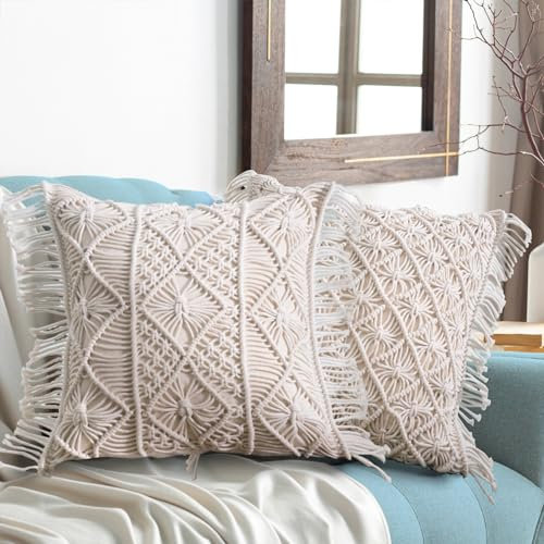 Amagabeli 2 stück Makramee Kissenbezug 45x45 cm Sie ist 100% handgearbeitet Boho Deko Kissenhülle Weicher Dekorative für Sofa Kissen Lendenkissen Bettkissenbezug Schlafzimmer Kissen Deko Beige