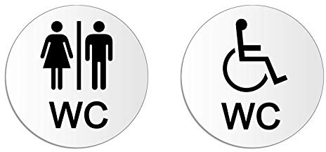 Señal Cartel Placa Aluminio pintado | solvente y Resistente a los Rayos UV | Juego de 2 | WC Damas y Caballeros/Discapacitado | Ø 100 mm