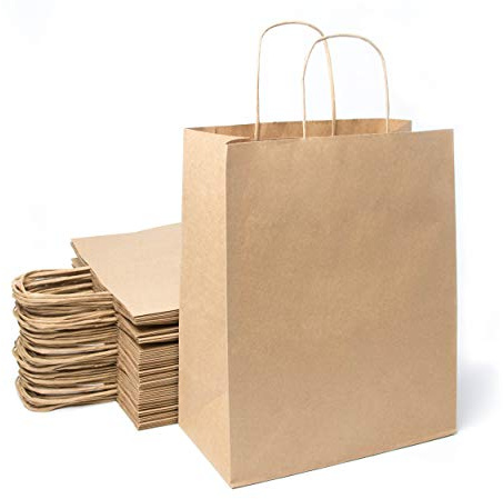 Lot de 50 Sacs Cabas Marron en Papier Kraft avec Poignées -26 x 14 x 32 cm Sac de Courses/Emballage cadeau pour Anniversaire, Noël, Mariage...