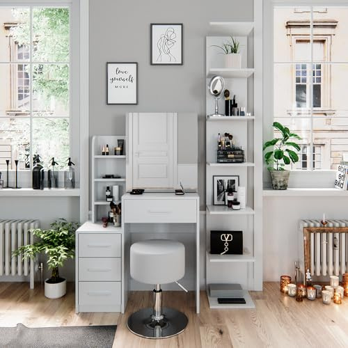 Vicco Schminktisch Conrada, Weiß, 80 cm | mit Hocker, geeignet zur Organisation von Kosmetikartikeln und Accessoires