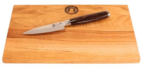 Kai Shun Tim Mälzer Angebotsset – ultrascharfes Officemesser TDM-1700 (9 cm, 32-Lagen Damaststahl) + Schneidebrett Eiche 30×20 cm – präzises Schneiden, langlebig, ideal für Küche & Geschenk
