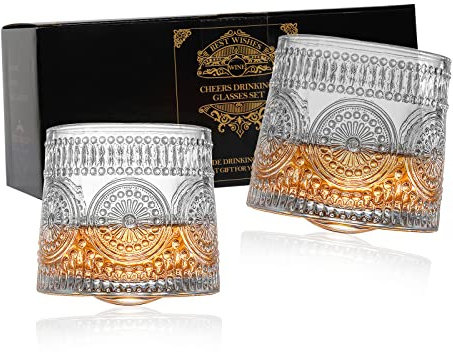 hisptgo Whiskey Glasses set of 2, 9 Oz Crystal Rotating Whisky Tumblers, gift box for Bourbon & Scoth & Vodka, whiskey drinks