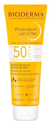 BIODERMA Photoderm Lait Ultra SPF50+ Crème solaire très haute protection - Résiste à l’eau, au sable et à la transpiration - Peaux sensibles - Recommandé par des dermatologues - Tube 200 ml