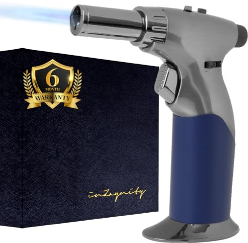 inZaynity Dual Flame Butane Torch Gun - Refillable Luxury Hand Held Mini Blow Torch for Cooking, Creme Brulee, Soldering, Welding, & Resin Art - Adjustable Flame with Ignition Lock - Steel Blue by