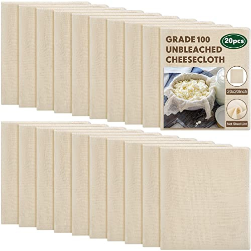 Chumia 20 Pcs 20x20 Inch Cheese Cloths for Straining Grade 100 Cheesecloth Reusable Muslin Cloth for Straining Unbleached Cotton Cheese Cloth Bulk for Baking, Juicing, Cheese Making