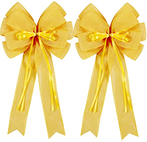Hongsome 2 Pcs Large Yellow Easter Wreath Bow Decor, Classic Glitter String & Burlap Ribbon, Spring/Summer/Autumn/Winter Tree Topper Bows