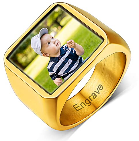 Custom4U Personalisierter Siegelring Herren Edelstahl mit Farbbild/Schwarzes Bild Gravur Memorial Männer Jungen Ehering Verlobungsring Silber/Schwarz/Gold Ringgröße 54.4(17.25)-72.3(22.75)
