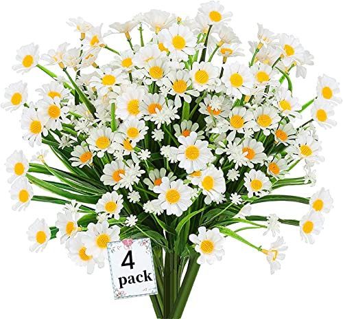 4PCS Artificial Daisy Flowers Outdoor Spring Summer Decoration UV Resistant Fake Flowers Faux Plastic Greenery Shrub Plant Indoor Outside Hanging Garden Home Porch Wedding Party Decor (White)