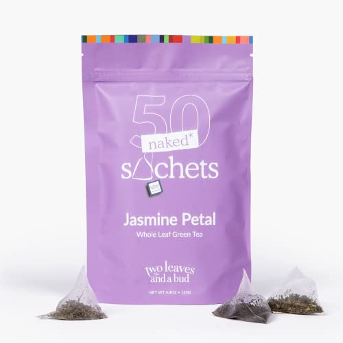 Two Leaves and a Bud Jasmine - 50 Naked Tea Sachets, Whole Leaf Green Tea in Eco-Friendly Unwrapped Compostable Sachets, Resealable Bag, 50 Count (Pack of 1)