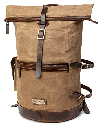 DRAKENSBERG Großer Reise Rucksack 'Dale' aus gewachstem Canvas mit Leder, wasserabweisend - Vintage-Design, bis 60L - Khaki-Sand, DR00605