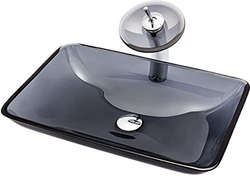 Waschbecken aus Gehärtetem Aufsatzwaschbecken Rechteckig Aufsatz-Waschschale Waschtisch 12 mm Dick Handwaschbecken Aufsatzbecken mit Wasserfall-Wasserhahn und Pop-Up-Drain Combo,Grau (Color : Gray Gr
