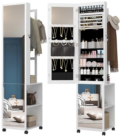 Hzuaneri Schmuckschrank, Schmuck Spiegelschrank, schmuck spiegelschrank stehendstehender Schmuck-Organizer mit 1 Kleiderständer, 3-stufige Ablageflächen mit 4 Kleiderhaken, weiß und Schwarz JC17003B