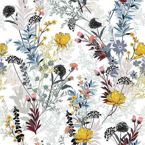 VEELIKE Wildflower Floral Wallpaper Self Adhesive Blue Leaf Wallpaper for Bedroom Patterned Vintage Flower Contact Paper Botanical Wall Mural Contact Paper for Furniture Removable 44.5cm x 300cm