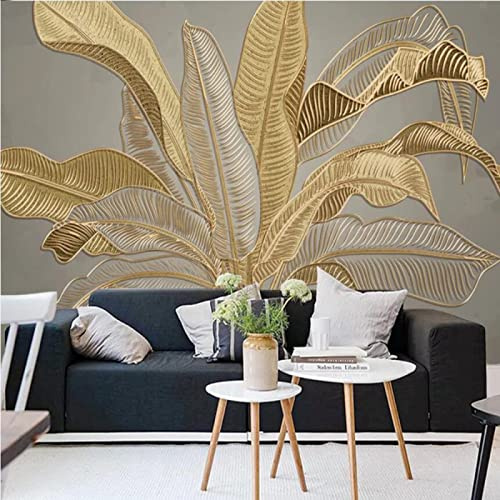 GIVLWF Papier Peint Panoramique de Feuille De Bananier De Luxe De Lumière Atmosphérique Plantes Nordiques Dorées Déco de La Maison - pour Salon Chambre D'enfant Décoration Murale 400 x 280 cm