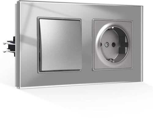 CNBINGO Glas Lichtschalter mit Schuko Steckdose Unterputz - Gehärteter Glasscheibe Steckdose mit Steckklemme - 1 Fach 1 Weg, Grau