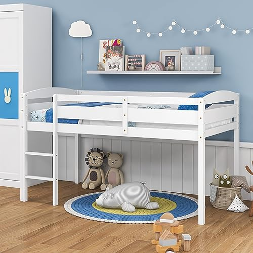 Giantex Twin Loft Bed with Ladder, Wood Low Profile Loft Bed with 30 Clearance & Safety Guard Rails, Space-Saving Loft Bed Frame for Kids Teens Junior, No Box Spring Needed, Kids Bed Frame, White