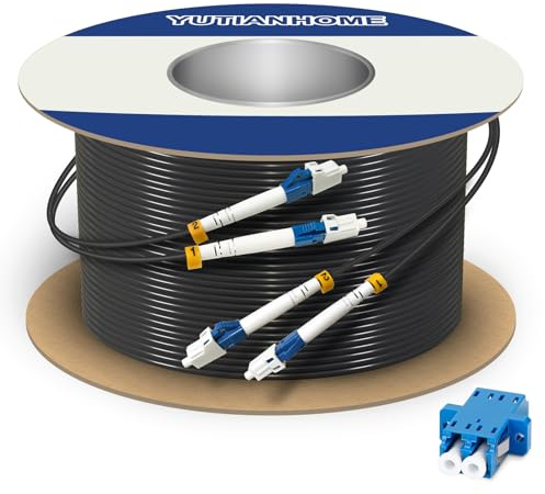 YUTIANHOME 656ft/200m LC to LC Armored Outdoor Fiber Optic Cable, Single Mode Duplex Fiber Patch Cable, 9/125um LC Fiber Jumper, (OS1/OS2 Compatible), Low Friction LSZH, Black