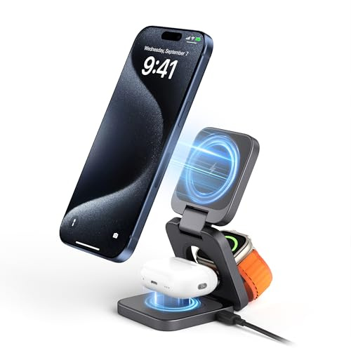 LULULOOK Aluminium 3 in 1 Ladestation Apple Watch und iPhone, Faltbar Kabelloses Ladestation für iPhone 16 Pro Max/16 Pro, 5W Reisen Schnelles Aufladen für Apple Watch AirPods, Mehrere Geräte (Grau)
