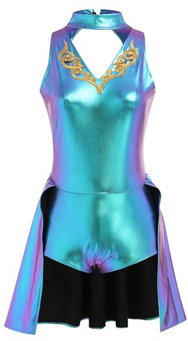 ODASDO Women Trapeze Artist Fancy Dress Circus Costume, Woman Holographic Metallic Jumpsuit One-piece Bodysuit Mock Neck Leotard Dress Gymnastic Talent Show Ballet Dancewear Stage Performace Blue L