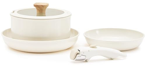 Hausfrau Set di pentole e padelle bianche manico rimovibile antiaderente, manico staccabile set di pentole in ceramica da cucina forno lavabile in lavastoviglie, NO PFAS NO PTFE