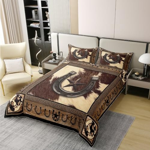 richhome Western Cowboy 100% Bio Baumwolle Tröster Abdeckung Rustikale Texas Star Hufeisen Bettbezug Set 200x200 Größe für Schlafzimmer Kuh Pelz Holz Plank Bettwäsche Set mit 2 Kissenbezügen